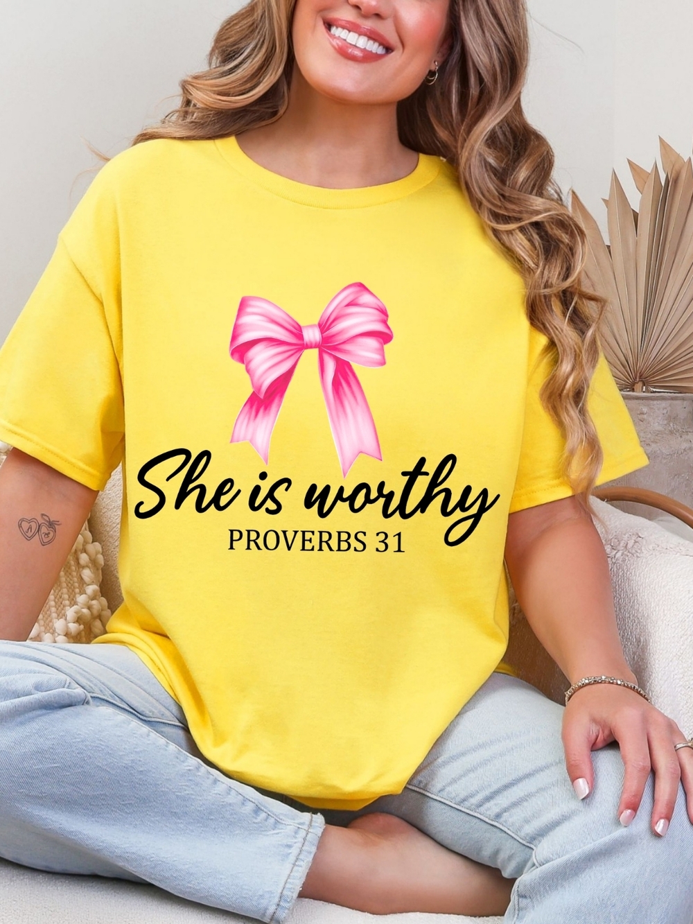 Gildan Yellow Tee with Pink Bow "She is Worthy" Proverbs 31